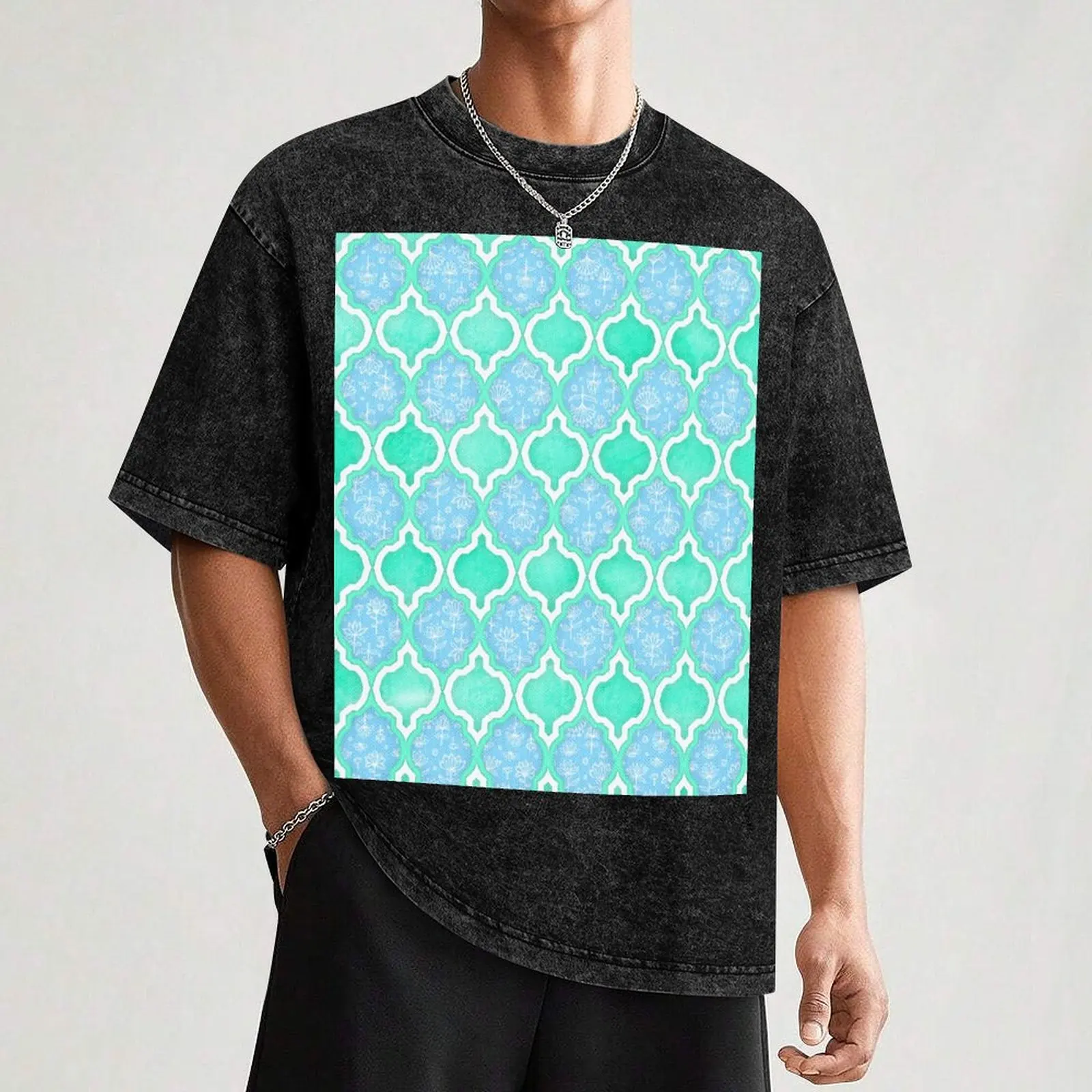 Moroccan Aqua Doodle pattern in mint green, blue & white T-Shirt Work Wear Short Sleeve
