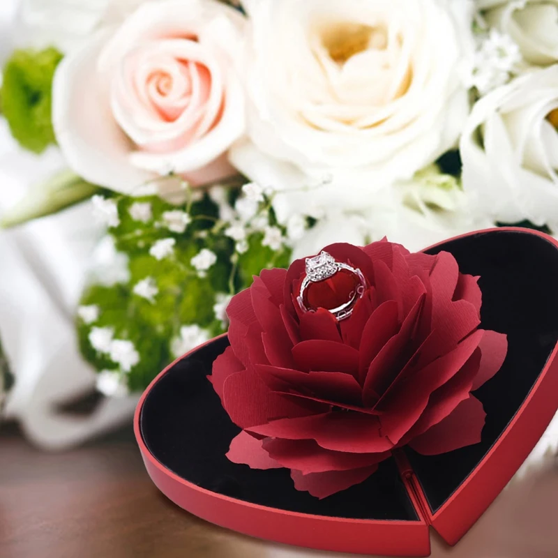 Caja de anillo giratoria de flores rosas, caja de propuesta, caja de anillo de compromiso de boda rosa, caja de almacenamiento de joyas, el mejor regalo de San Valentín para mujer