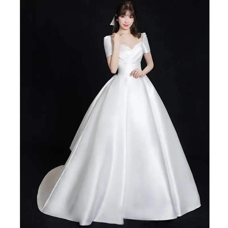 

Classic Satin Wedding Dress For Women 2023 New Simple Off The Shoulder V-neck Party Gown Elegant French Bridal Vestido De Novia
