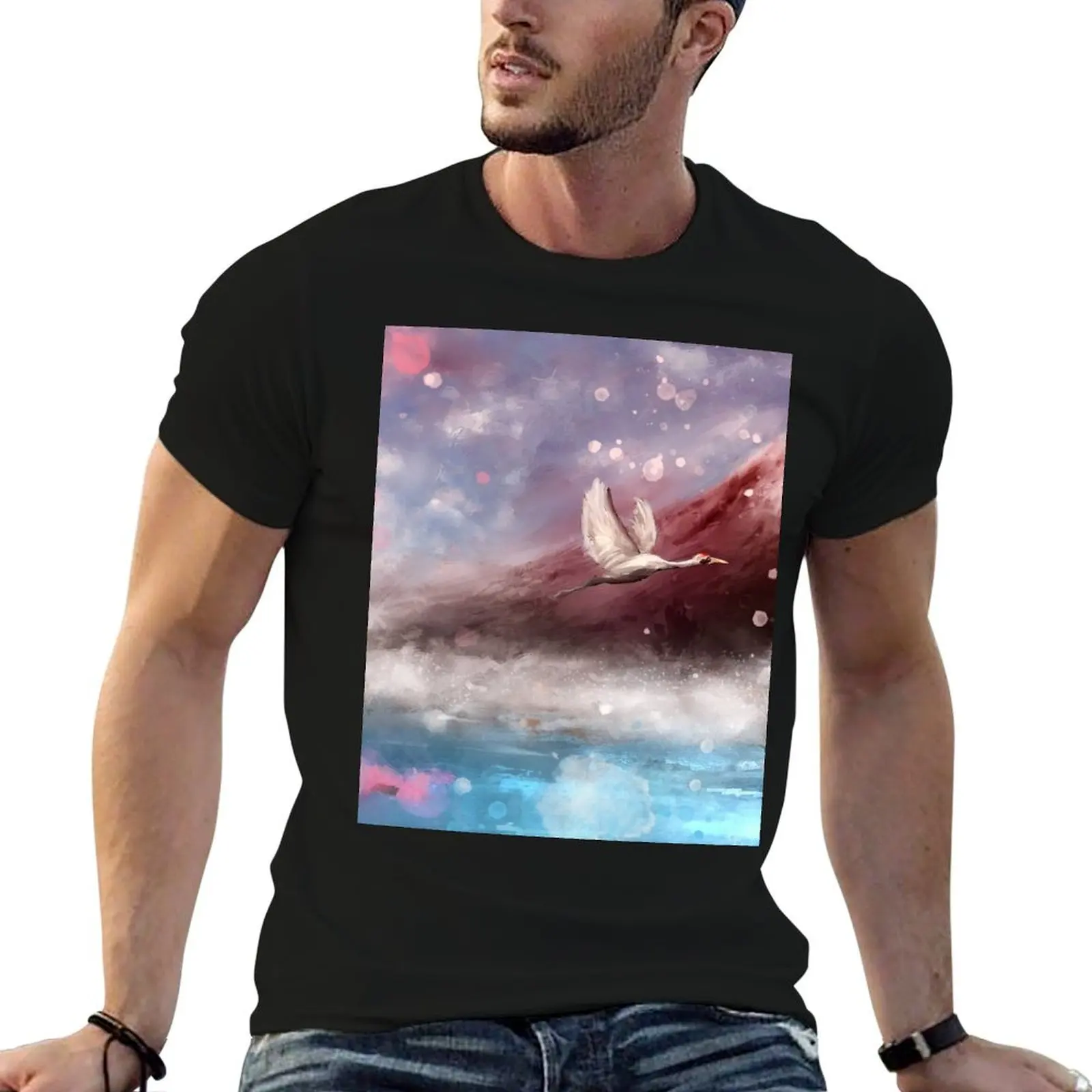 A Dreamy Painting of Mount Fuji, with Pink Cherry Blossom and a Crane Flying T-Shirt aesthetic clothes mens tall t shirts