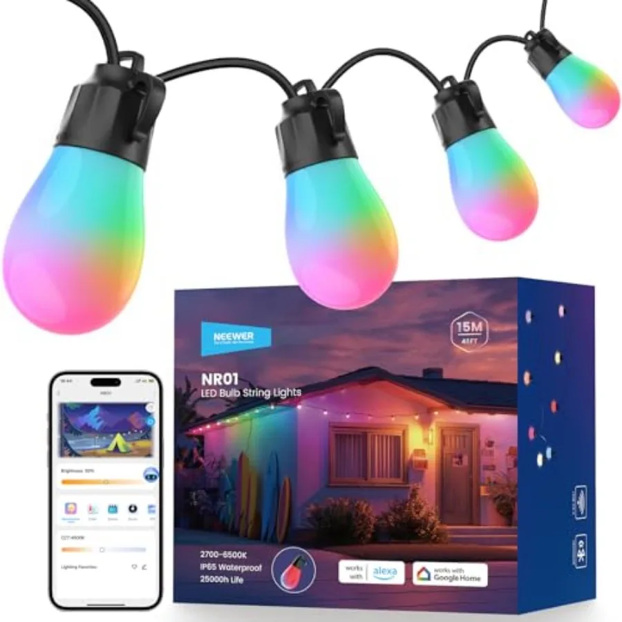 48Feet Outdoor String Lights App Control Smart AI RGBW Hanging Outside Patio Balcony Backyard Holiday Lighting IP65 Waterproof