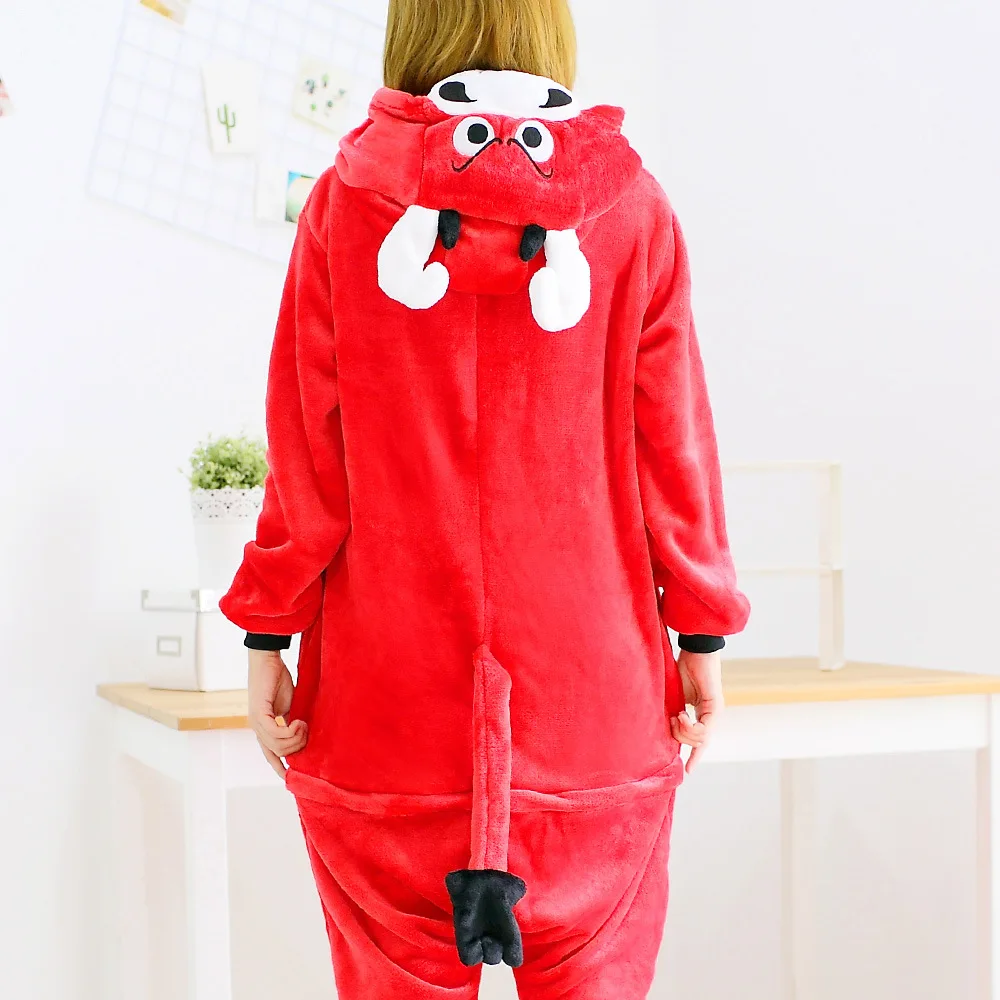 Halloween Cute Red Cattle Flannel One-piece pajamas Button Onesie Cosplay Couple Sleepwear Comfortable Hooded Leisure wear