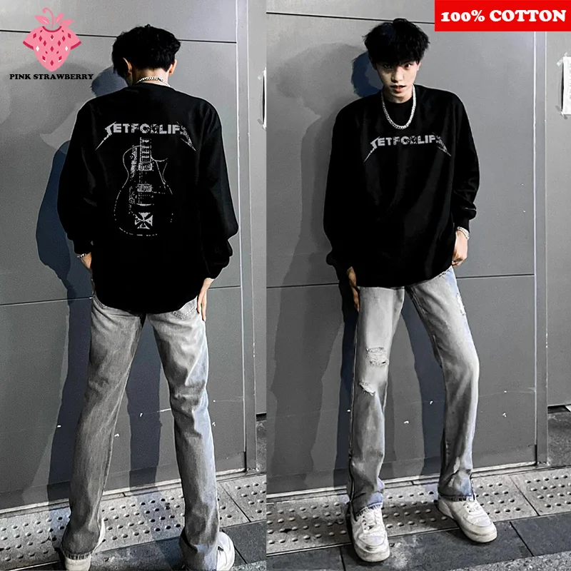 

American Rock Guitar Print T-shirt Men Autumn 2025 New 100%Cotton Black Long sleeve Loose Gym Workout Shirt Y2k Top men clothing
