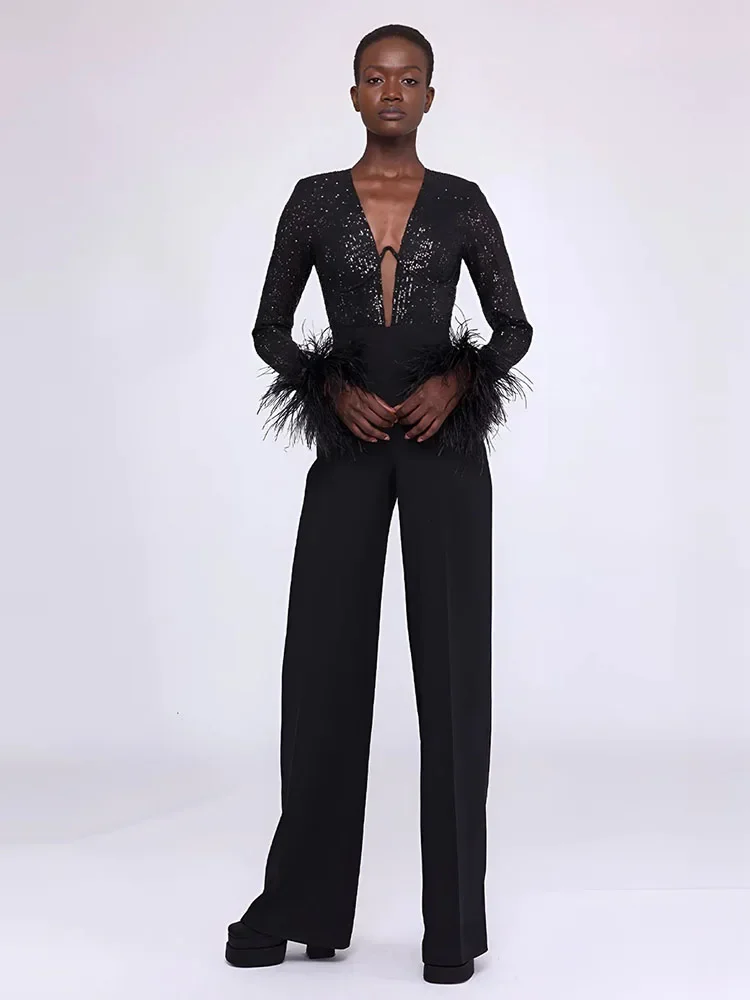 

Sexy V Neck Long Sleeves Feathers Jumpsuit Women's Luxury Black Sequins Patchwork Feather Full Length Jumpsuit Celebrity Party