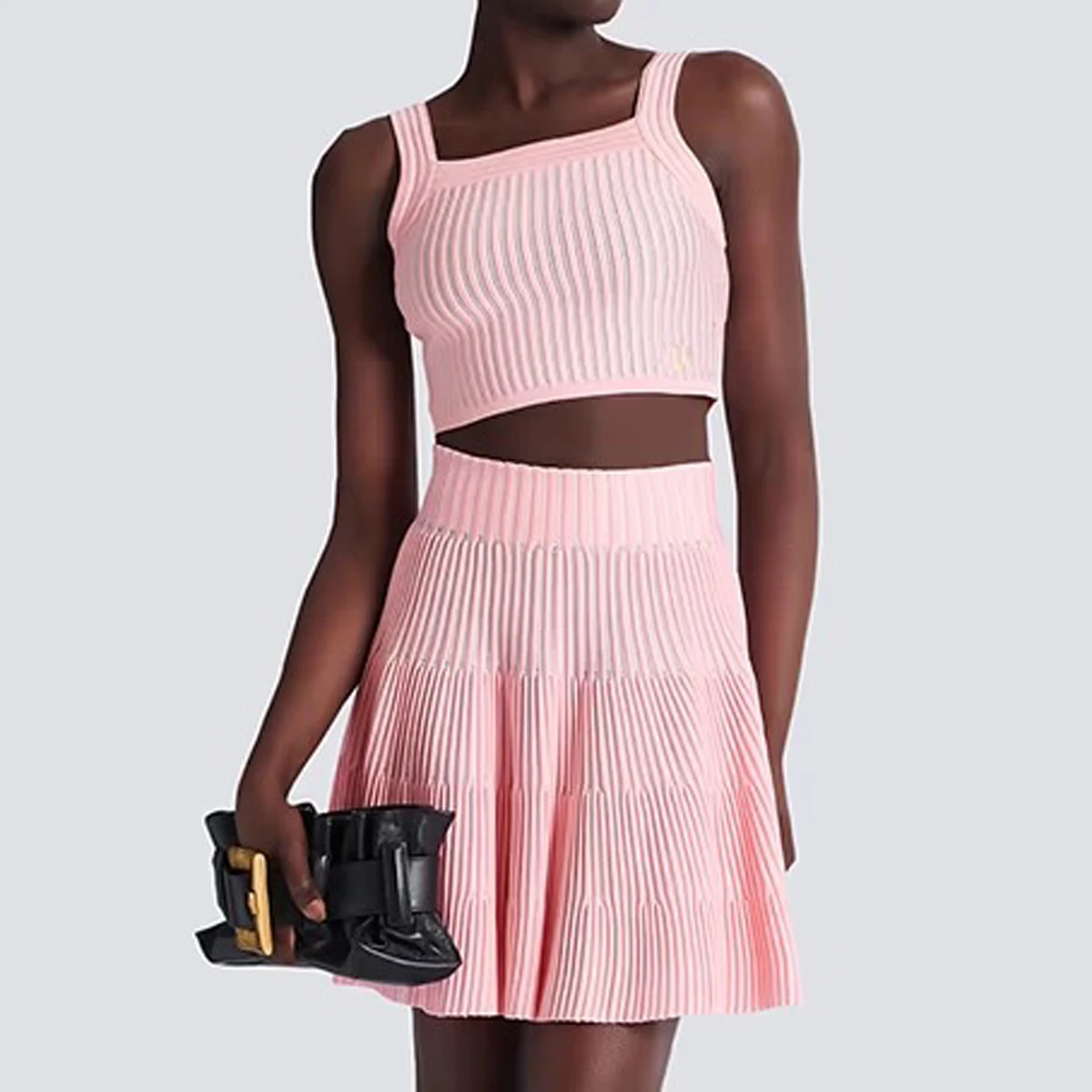 

High Quality Summer New Sleeveless Short Knitted Elastic Striped Versatile Vest With Camisole And A-line Skirt Women's Suit