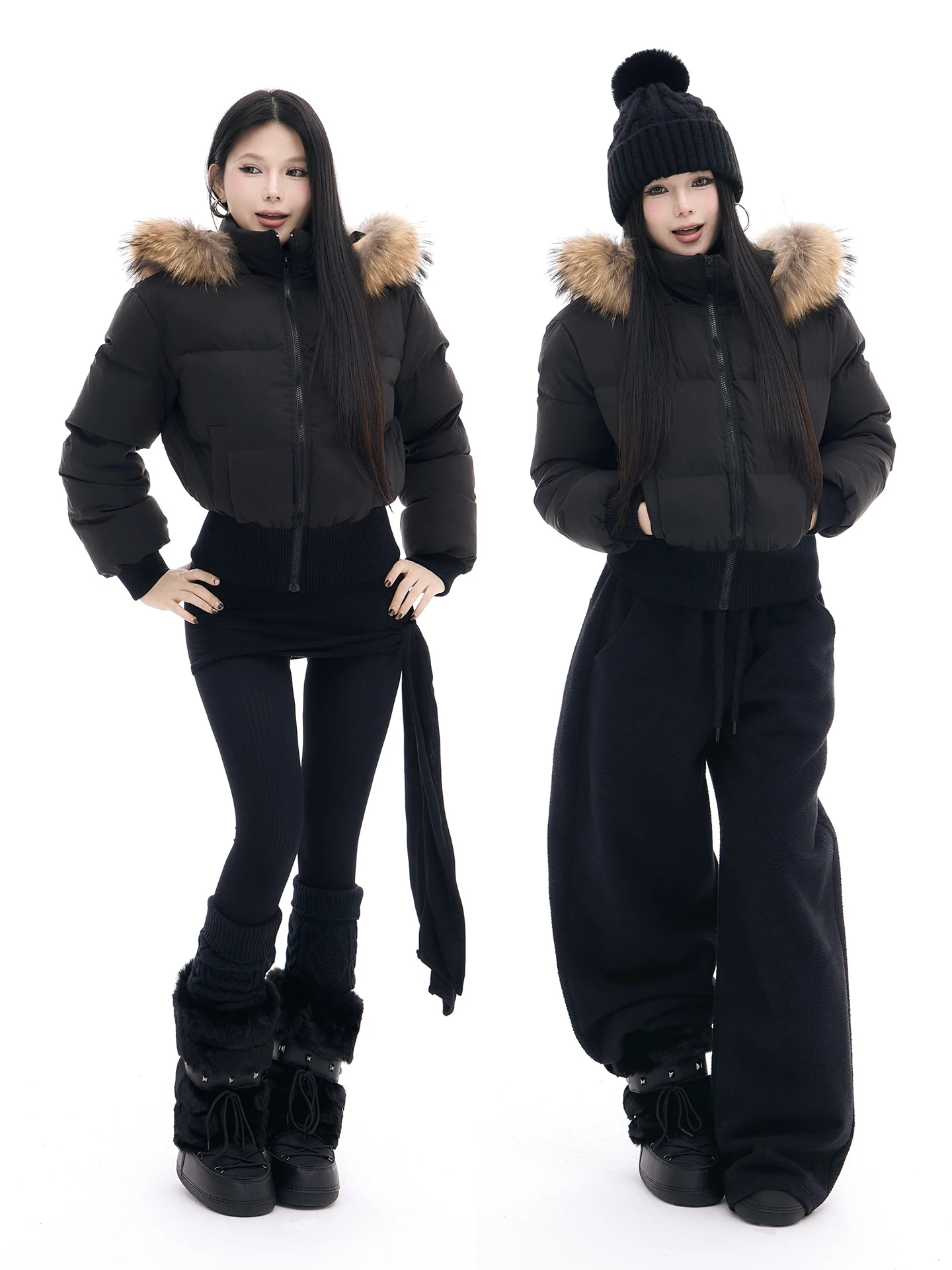 

New National Stand 90 White Du down Padded Coat with Hood Thi Warm Waist Cinching Large Fur Collar Bla ort Sle