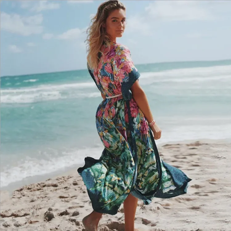 AYUALIN Boho Floral Print Kimono Women Cardigan Sexy Side Split Beach Kaftan Long Dress Summer Bikini Cover Up Vestidos Robe