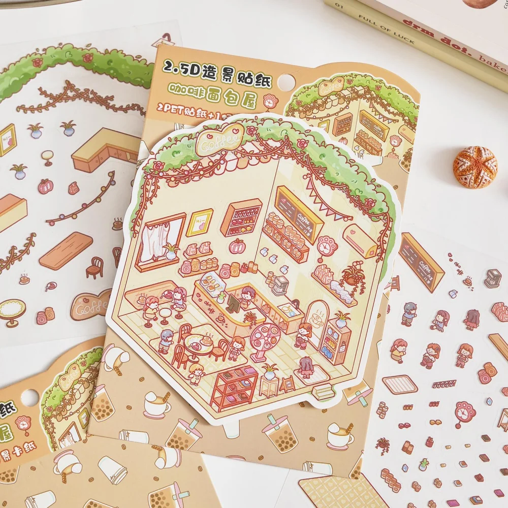 Card Lover 3 Pcs [Coffee Bakery Series] Cute 3D Stickers Miniature Decorative Stickers Puzzle PET Sticker Paper Material Kit