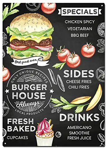 Burger House Blackboard Metal Tin Signs, Restaurant Blackboards Poster, Decorative Signs Wall Art Home Decor - 8X12 Inch (20X30