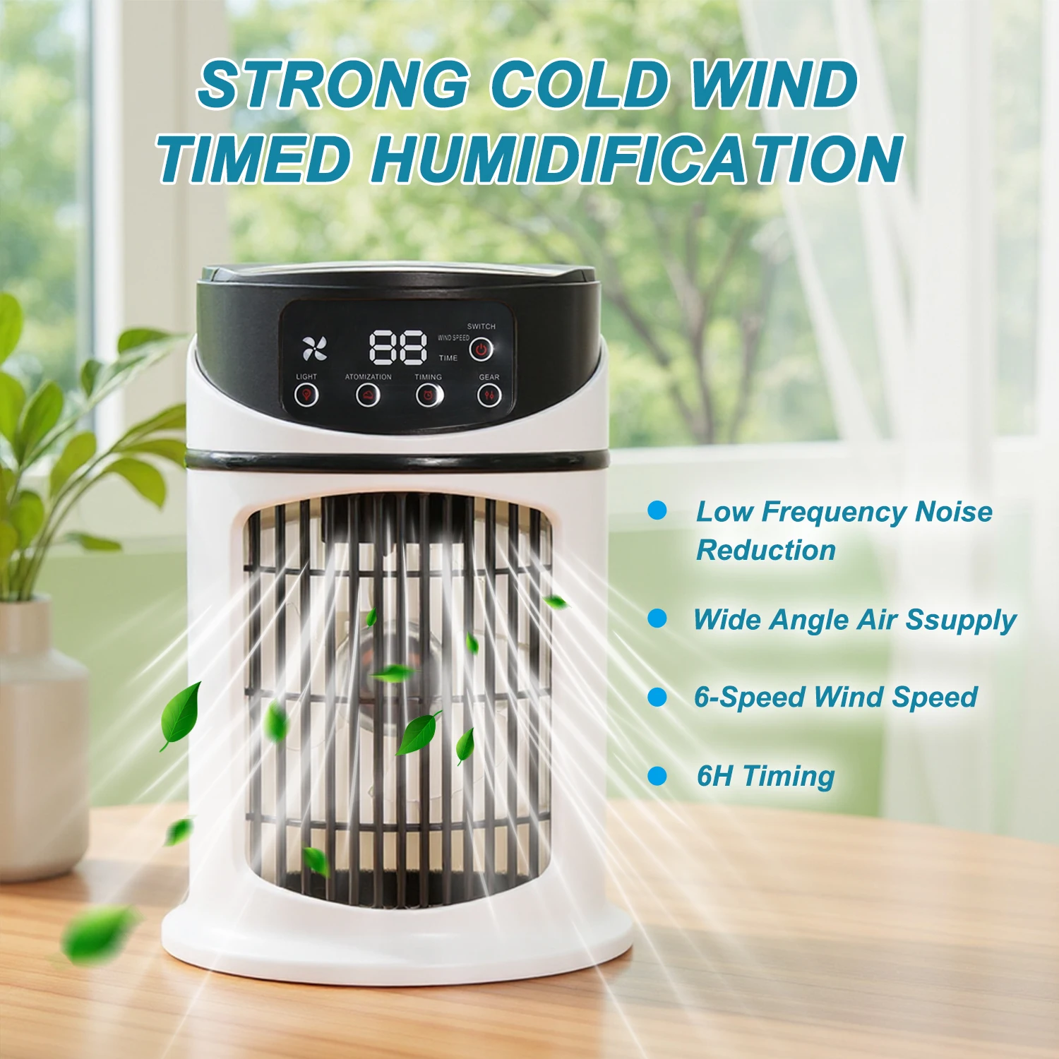 محمول 2 في 1، مرطب ومروحة، تبريد سريع، USB، شاشة رقمية، كريستال ثلجي، أبيض، للمنزل والمكتب