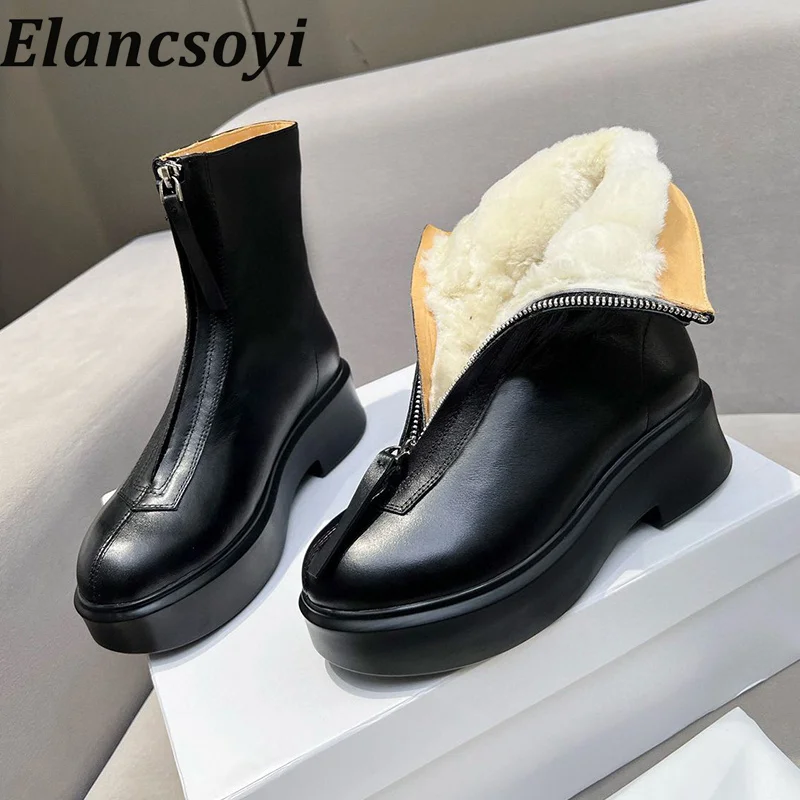 Winter Genuine Leather Round Toe Zipper Design Short Boots Women Wool Lining Warmth Ankle Botas Thick Soled Anti Slip Snow Boots