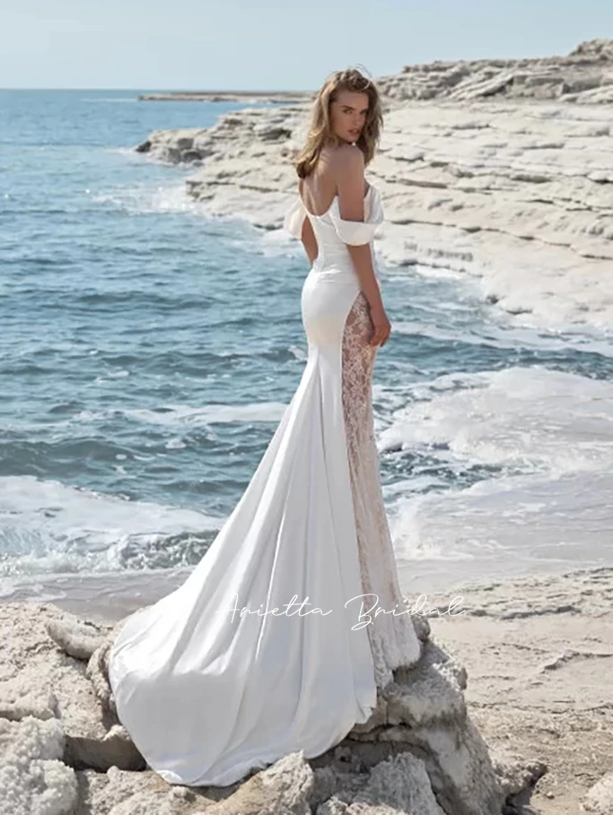 Arietta Off the Shoulder Mermaid Wedding Dresses Sheer Lace Long Sleeves Satin Fitted Bridal Gowns Trumpet Bride Dresses