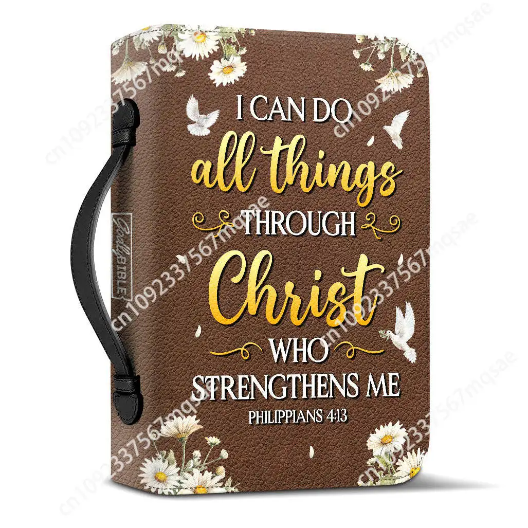 Women PU Leather Bible Bag Handle Handbag I Can Do All Things Through Christ Who Strengthens Me Storage Bag Study Book Holy Box