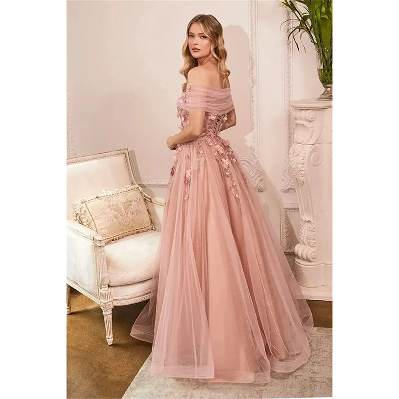 2024 New Elegant Off the Shoulder Prom Dress A-line 3D Flower Lace-up Back Evening Birthday Party Gowns