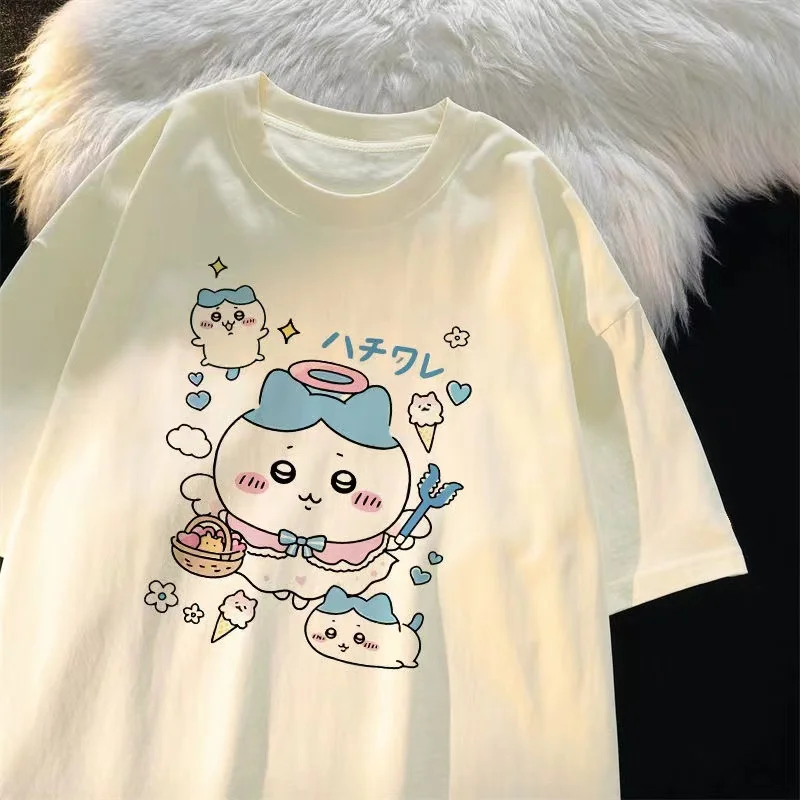 أنيمي تشيكاوا تي شيرت اليابان المرأة Harajuku تي شيرت قصيرة الأكمام Y2K متعة القمم الصيف القطن Crewneck المتضخم تيز القمم