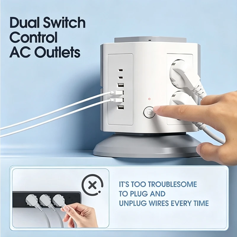 12-in-1 Multi-functional Vertical Socket with 15W Wireless Charger 6 AC Sockets + 4 USB-A Household Multi-Outlet Tower Power