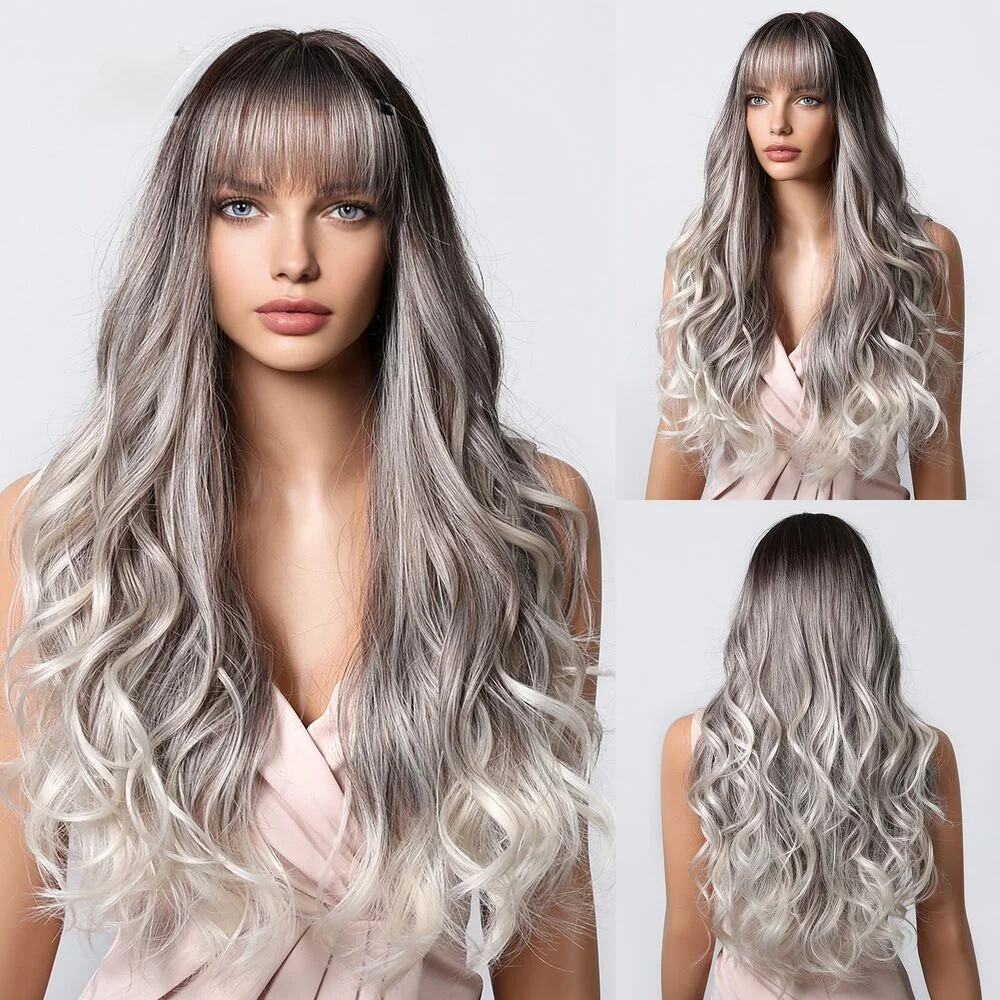 

Women's gradient grey large wave long curly wig natural full head cover