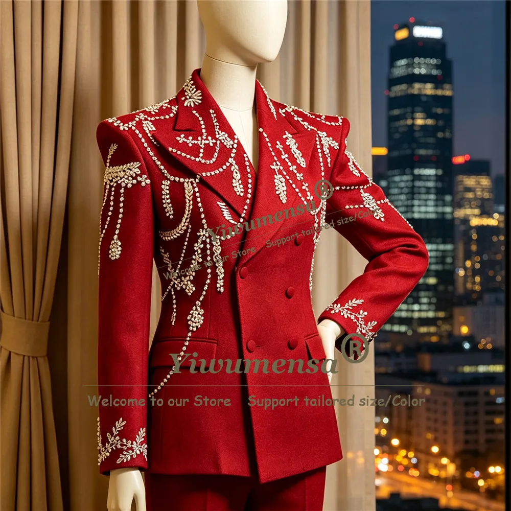 Luxury Wedding Tuxedos Handmade Crystal Beaded 2 Piece Sets Jacket Pants Men Suit Peaked Lapel Groom Blazers Trajes Para Hombre
