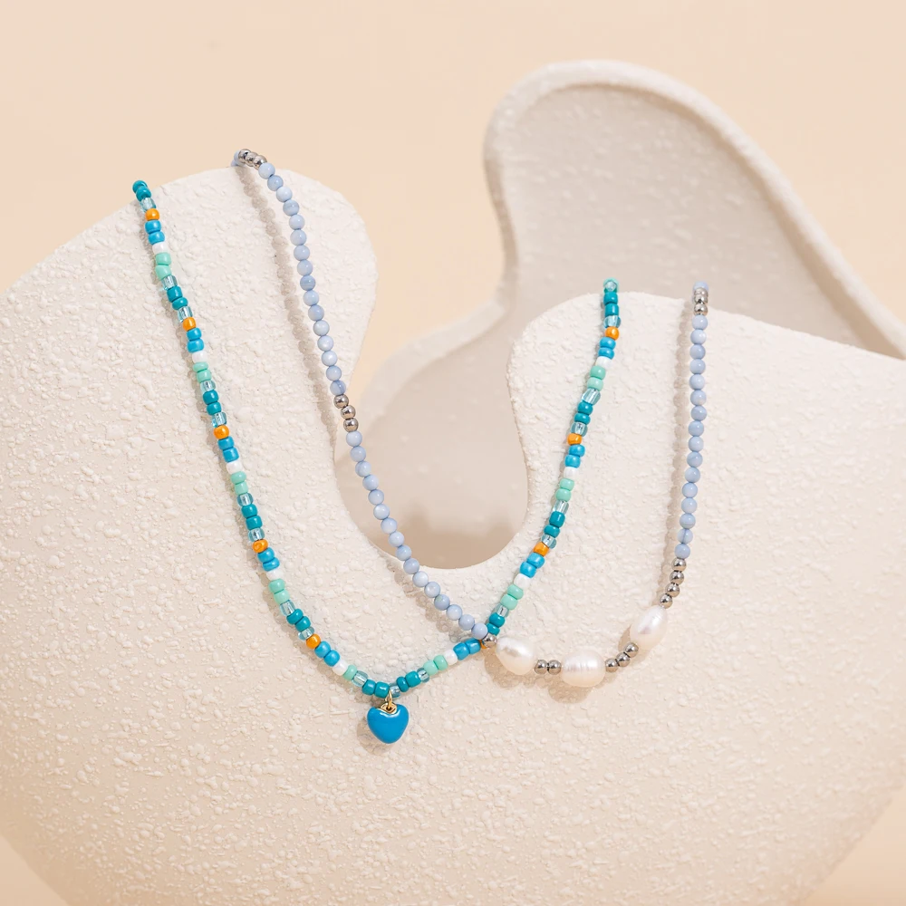 Natural stone beaded necklace, blue series, star pendant Autumn winter women's necklace extremely thin