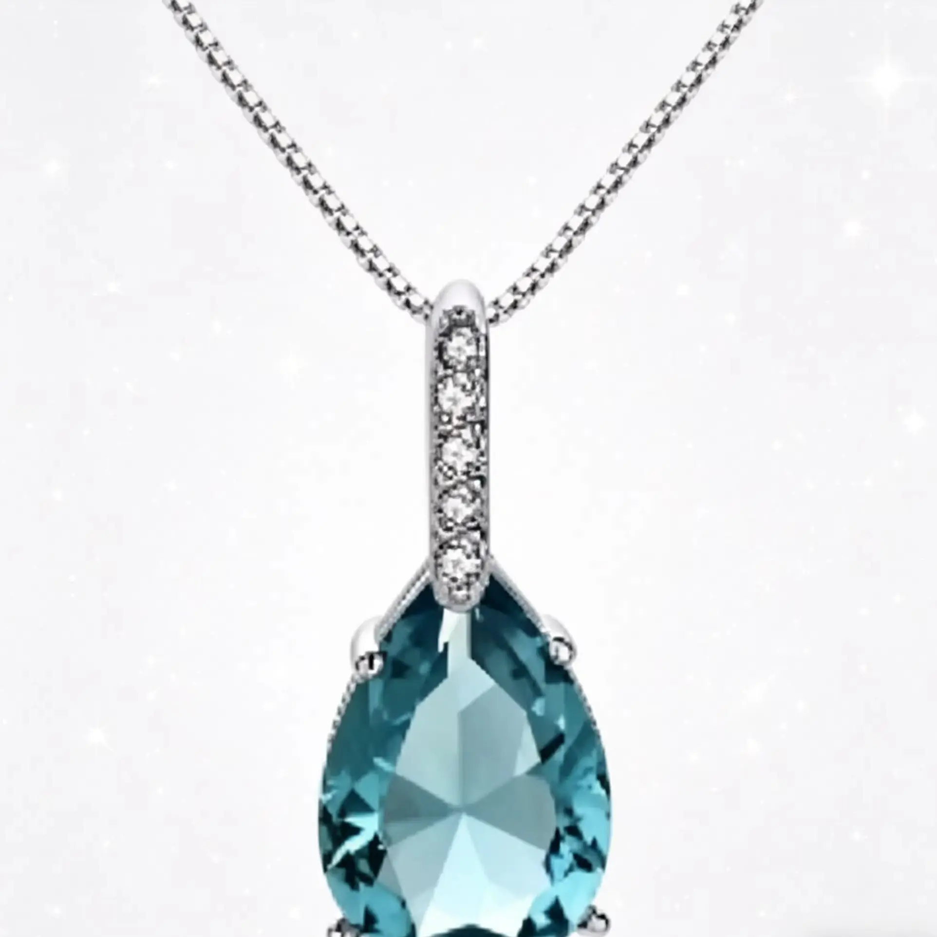 Silver Teardrop Pear-shaped Blue Crystal Topaz Pendant - High-quality Women's Sweater Chain - Collar Chain - Birthday Gift