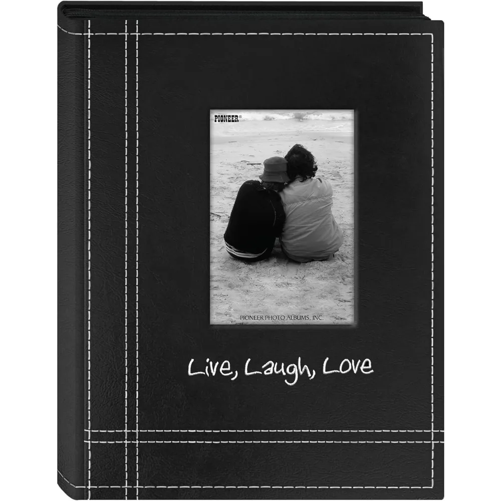 

Embroidered Frame Cover Sewn Leatherette Mini Photo Album, Black