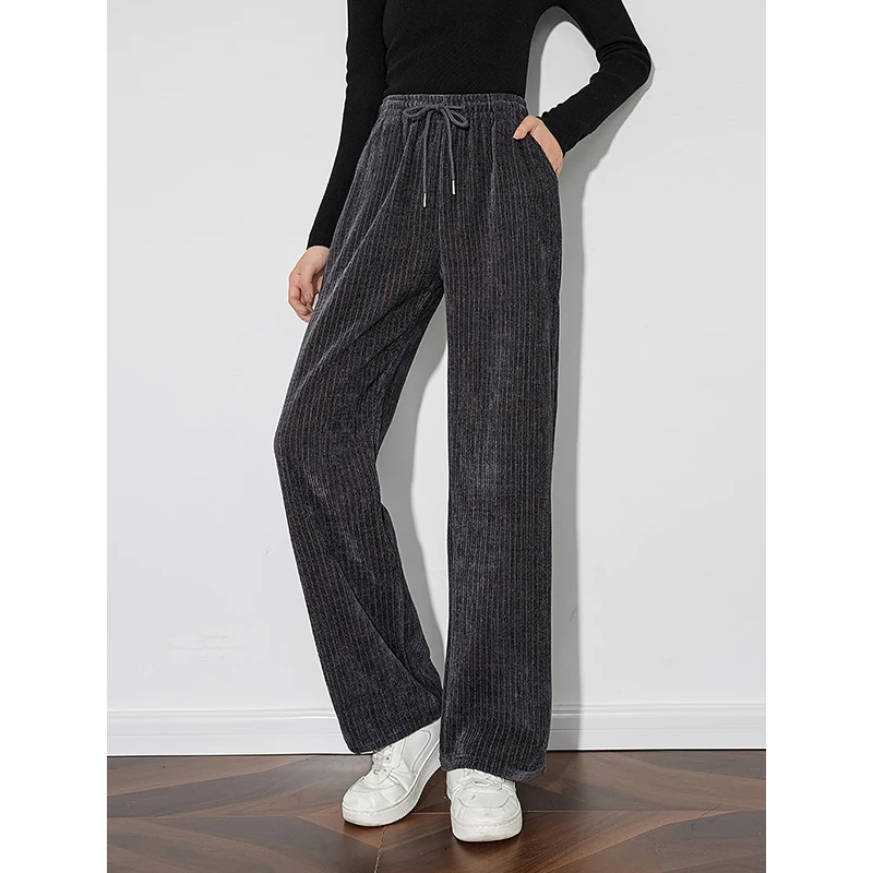 TOYOUTH Women Casual Pants 2024 Autumn Winter New Velvet Solid Color Elastic Waist Lazy Style Versatile Wide Leg Casual Pants