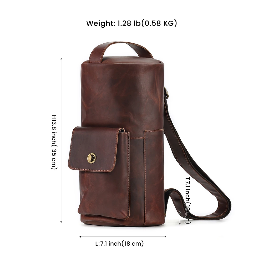 JOGUJOS Genuine Crazy Horse Leather Shoulder Bag Messenger Bag Men Fashion Cylindrical Travel Hiking Crossbody Bag Handbags