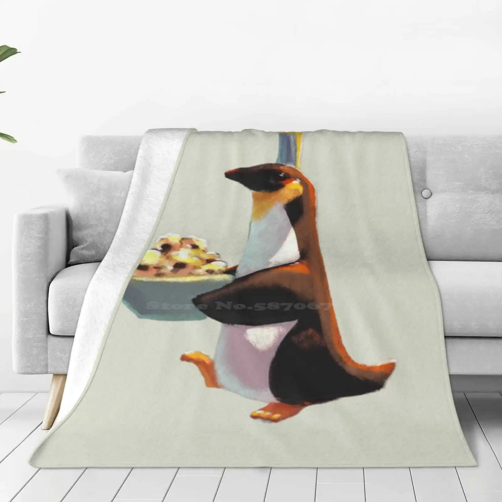 Penguin Eats Popcorn Creative Design Light Thin Soft Flannel Blanket Pet Food Cute Pastel Chibi Colorful Bake Funny Baby