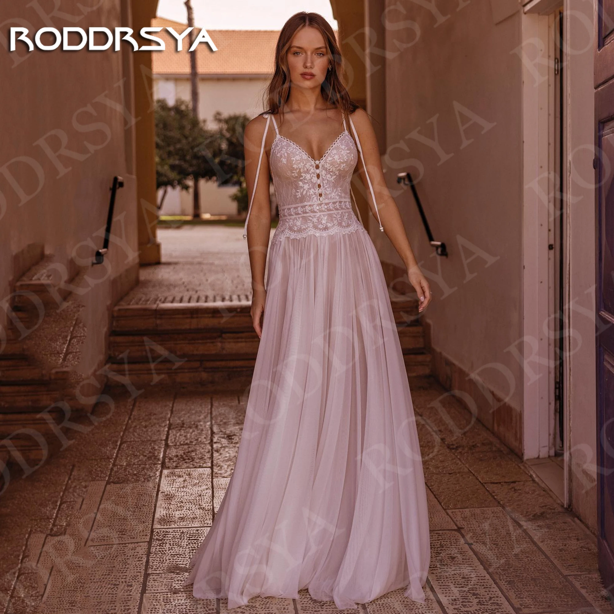 

RODDRSYA Bohemian Backless Wedding Dresses Boho Vintage Lace Chiffon A Line Bridal Dress V Neck Spaghetti Strap Customized Women