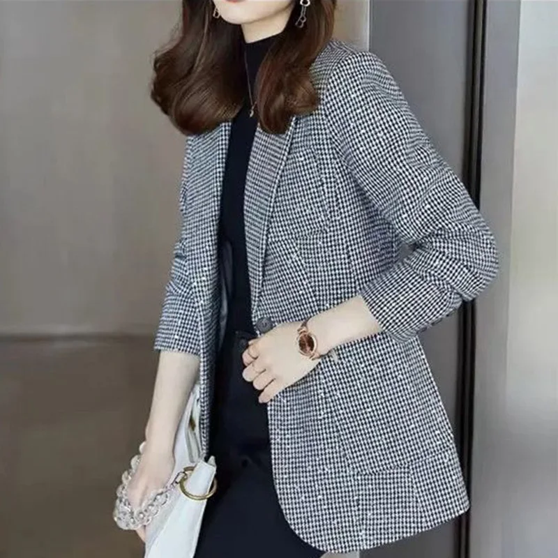 Blazer de treliça de lantejoulas feminino, elegante lapela, botão, bolsos emendados, tops casuais, blazers de senhora do escritório, roupa nova,