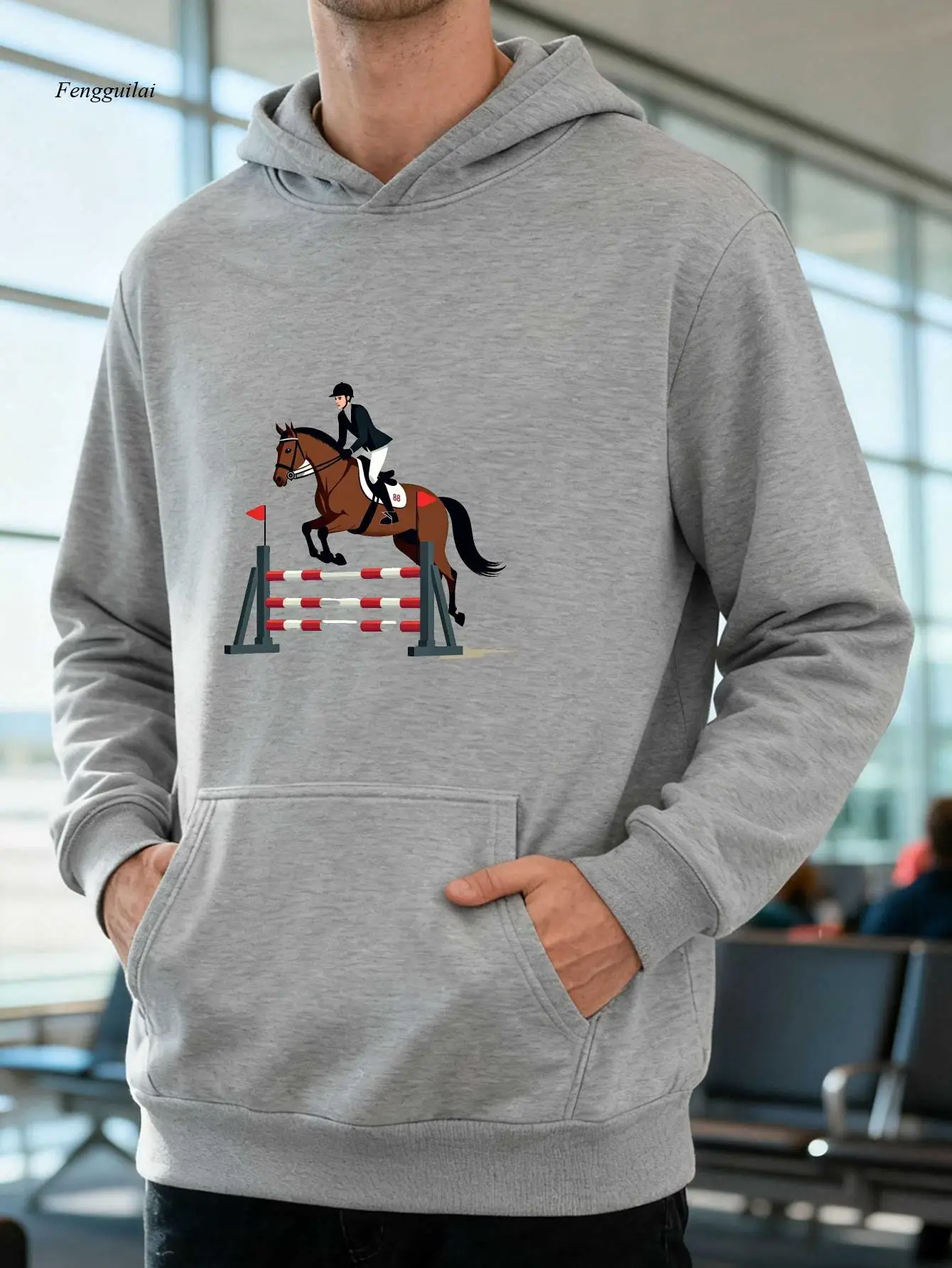 Reitsport-Sprung-Hoodie mit Pferdedruck – locker sitzende Winterjacke, Reitbekleidung mit Kapuze für Herbst/Winter