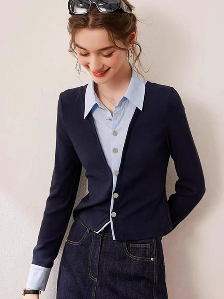 

Вязаный открытый кардиган, искусственный двухсекционный повседневный длинный свеч, лоскутный, модный, корейский, для колледжа, для отдыха, для отдыха, для отдыха, для отдыха