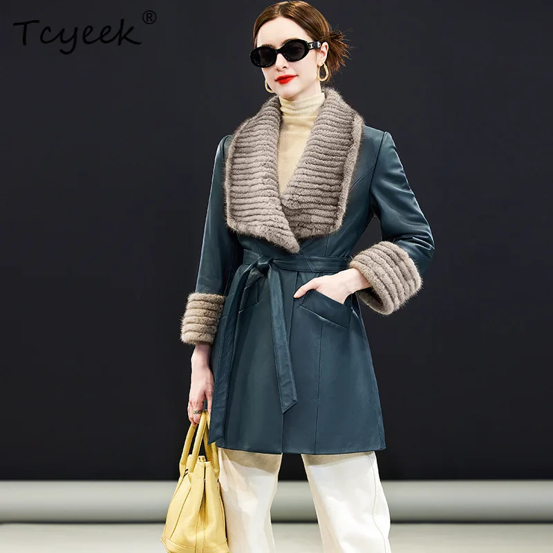 Tcyeek Pelle di pecora Autunno Inverno High End Abito alla moda Collo in pelliccia di visone Giacca in vera pelle da donna di media lunghezza Jaqueta Couro