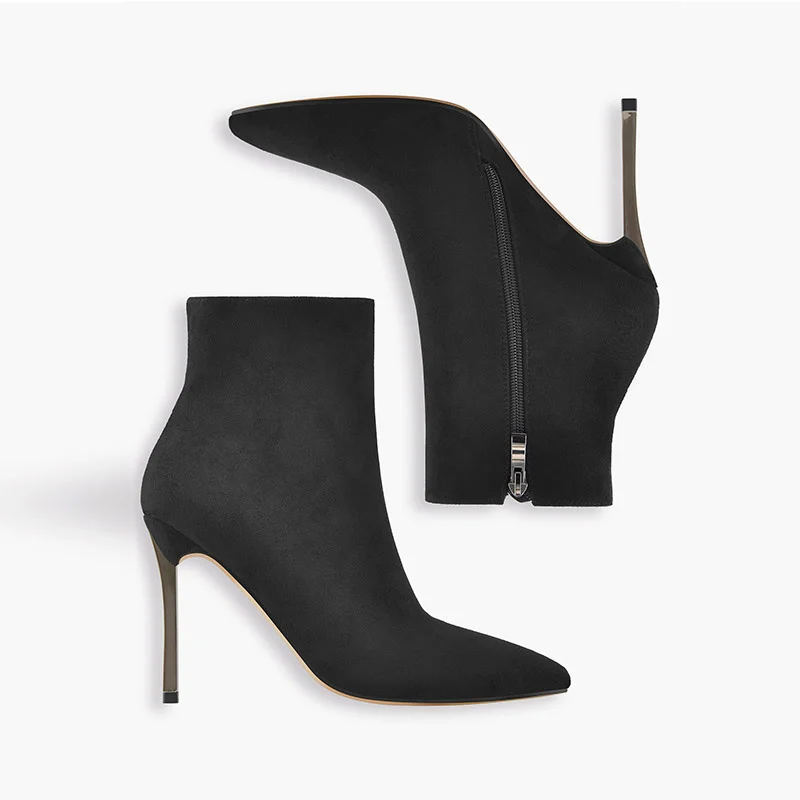 Onlymaker-Botas Ankel con punta Poited para mujer, botines de Metal con tacón alto fino y cremallera lateral, color negro, cálidos, para invierno