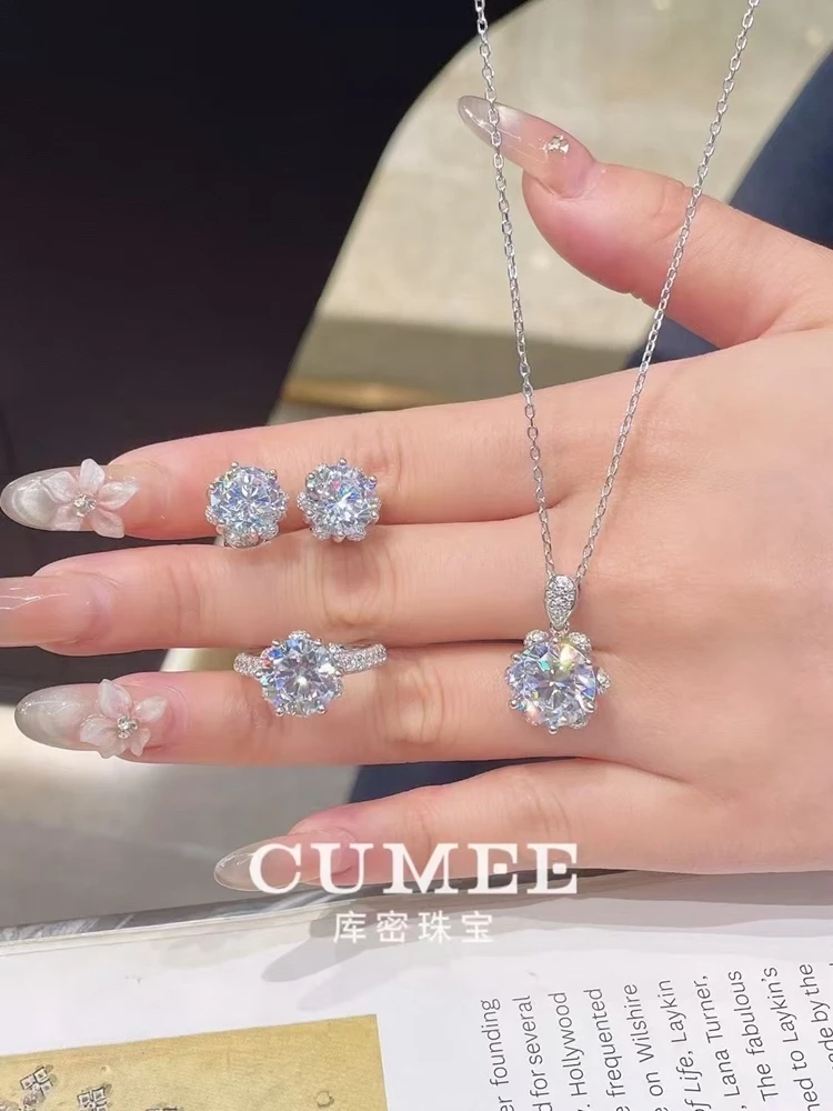 

CUMEE Fashion Wedding Set Simple Six-Claw Inlay D-Color Super Sparking Carat High Carbon Diamond Women Set Silver-plated Gold