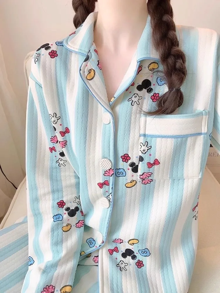 Cartoon Mouse Pajama Sets For Woman Winter Warm Quilting Knitted Cotton Sleepwear Cute Soft Long Sleeves Button Nightwear Pants