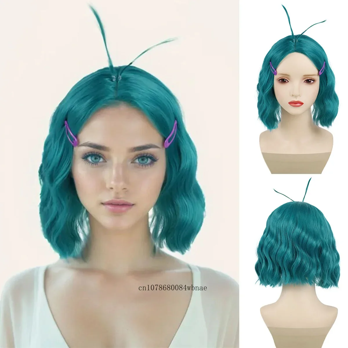 

Halloween Synthetic Short Wavy Blue Anime Wig with Hairpins for Women Girl Center Part Cosplay Wigs Costume Party Heat Resistant