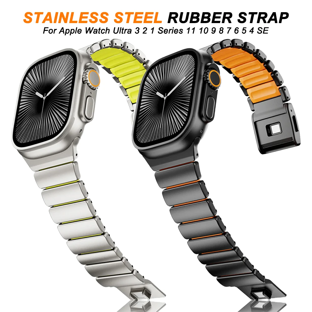 

Магнитный ремешок из нержавеющей стали для Apple Watch Ultra 3 2 49 мм, резиновый мужской ремешок для Iwatch Series 11 10 46 мм 9 8 7 6 se 44 мм 45 мм