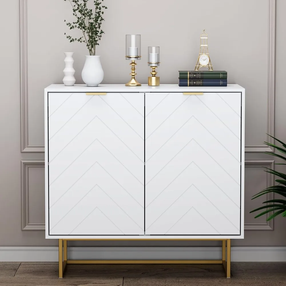 

Sideboard Buffet, Storage Cabinet with Golden Legs, White Sideboard Storage Cabinet with 2 Doors and Adjustable Shelf, Accent C