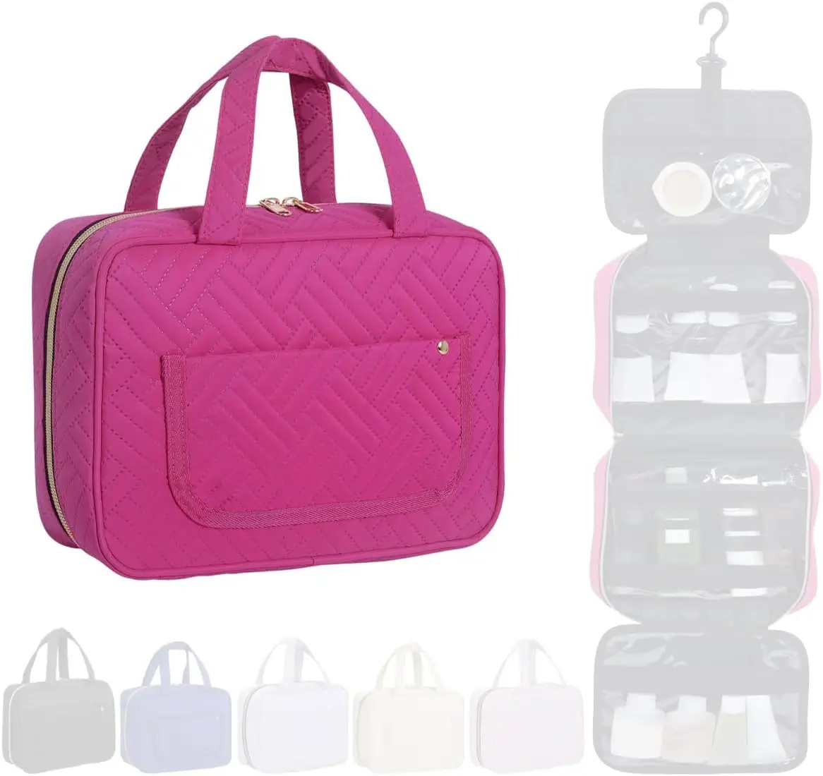 

Hanging Toiletry Bag for Women with Hooks, Multi-Compartment Transparent Travel Makeup Organizer, Rose Red