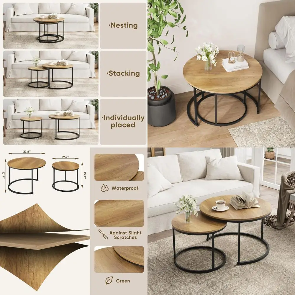 

Набор из 2-х журнальных столиков, круглая столешница цвета 27,6 дерева, регулируемые ножки, идеально подходит для жилых помещений и зонов на открытом воздухе.