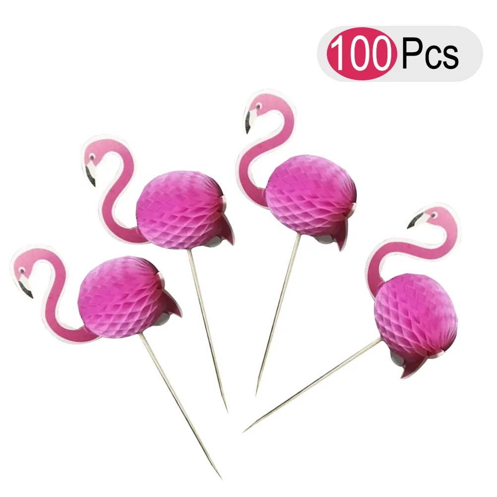 

100pcs Flamingo Cupcake Picks Cake Toppers Three Dimensional Toothpicks Food Safe Premium Paper Party Decorations