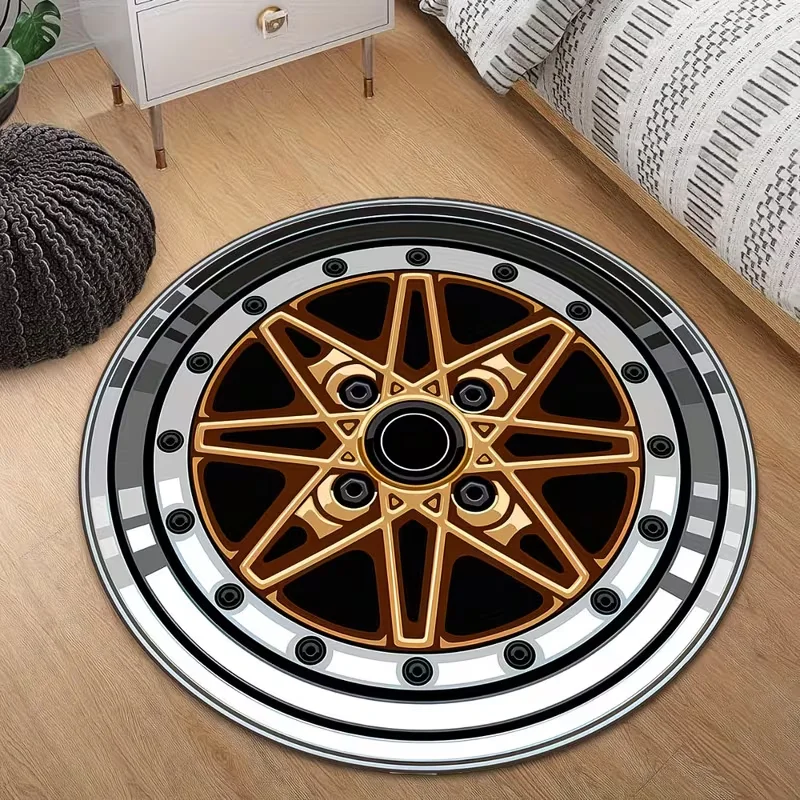 Tapis rond antidérapant à motif de roue de voiture de sport vintage pour salle de jeux, garage, man cave, décoration pour les amateurs de voitures