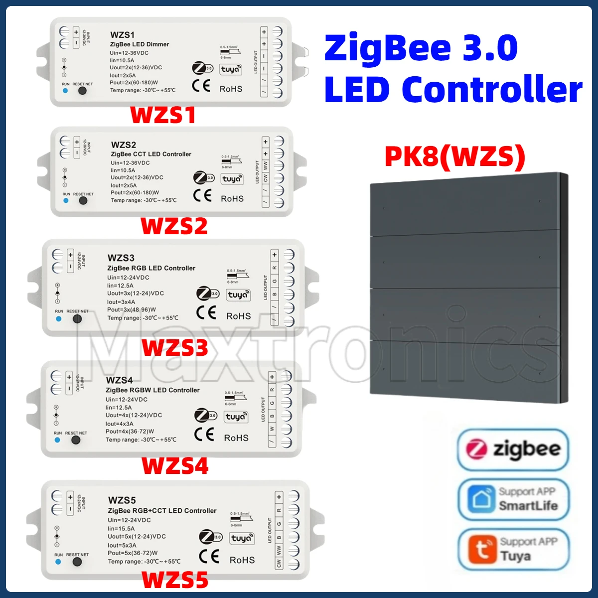 ZigBee 3.0 CV LED Controller WZS1/2/3/4/5 DC12-24V 36V 8 Button Wall Mounted Scene Panel PK8(WZS) For Single color RGB CCT RGBW