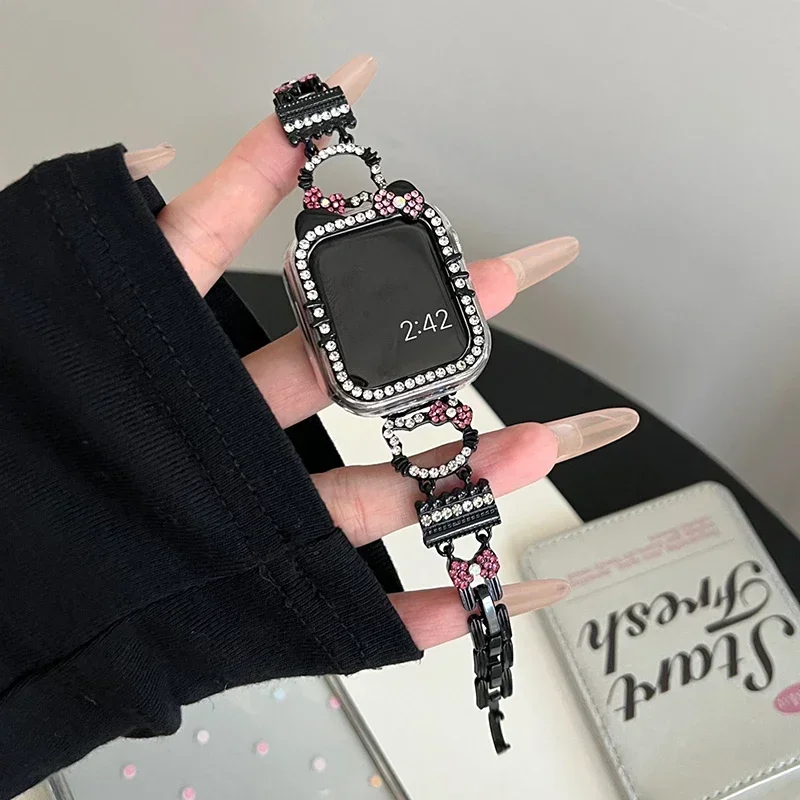 Cartoon Cat Metal Strap for Apple Watch 44mm Band 40mm 42mm 45 46 49 Bling Diamond Bracelet for IWatch 10 9 8 7 SE 6 Accessories