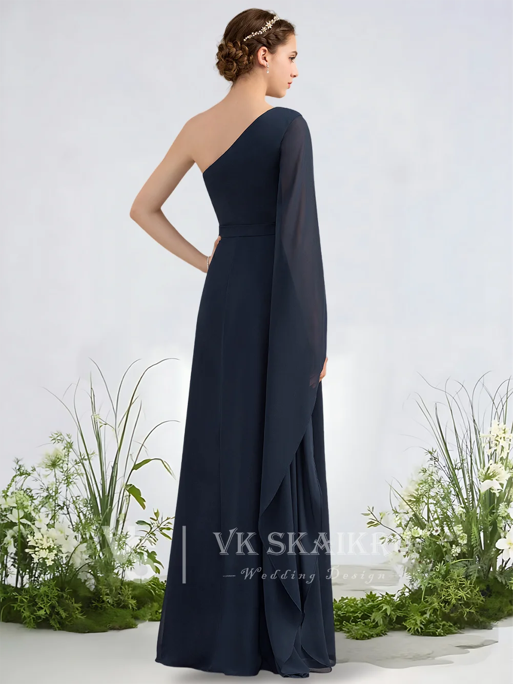 

B Prom A-Line Bridesmaid Dresses Frosted Lilac One Shoulder Floor-Length Chiffon Garden Gala Wedding Party Cascading Ruffles