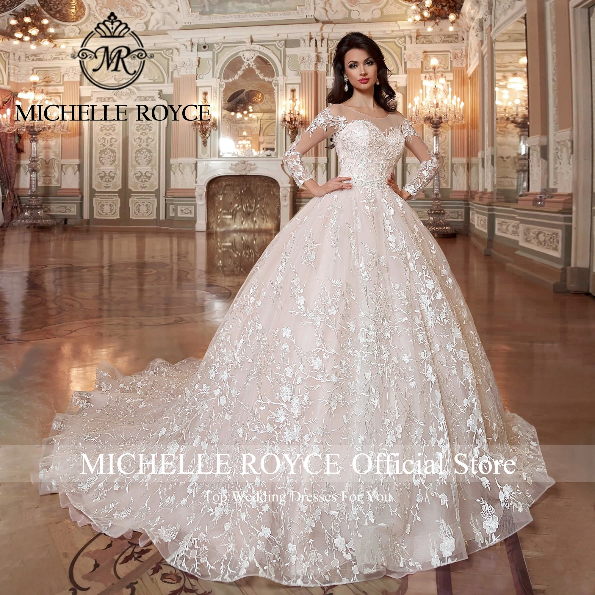 Michelle Royce Ball Gown Luxury Wedding Dress For Women Sweetheart Long Sleeves Appliques Lace Up Wedding Gown Vestidos De Novia