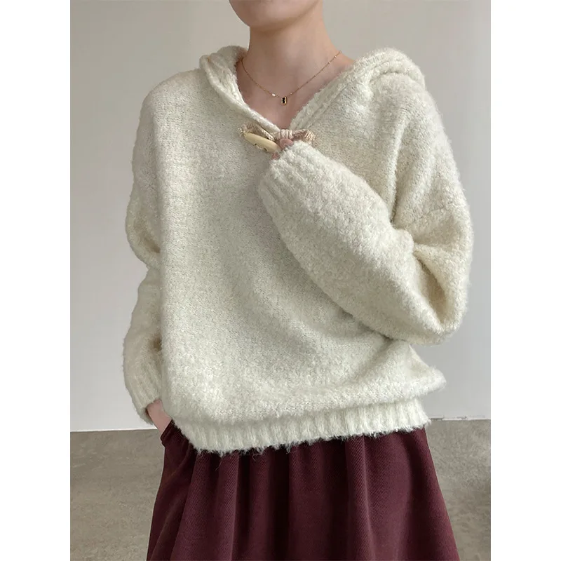 

2025 New Autumn Winter Horn Button Hooded Sweater Women Loose Lazy Style Top Street Women's Clothing