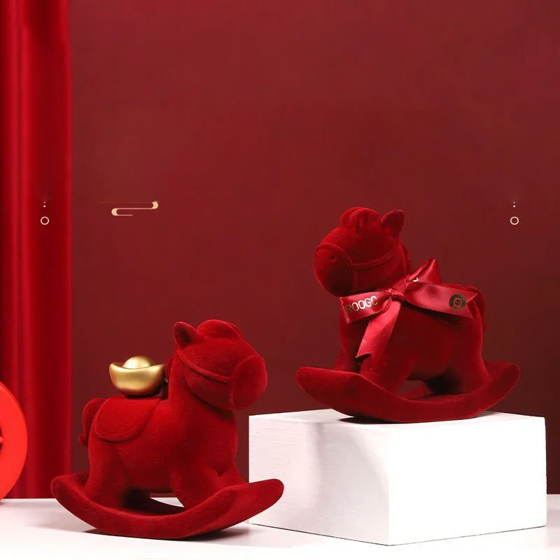 Red Flocking Rocking Horse Figurine Lucky Home Decor Ornament with Gold Ingot Gourd Bowknot Gift for Friends Family Collection