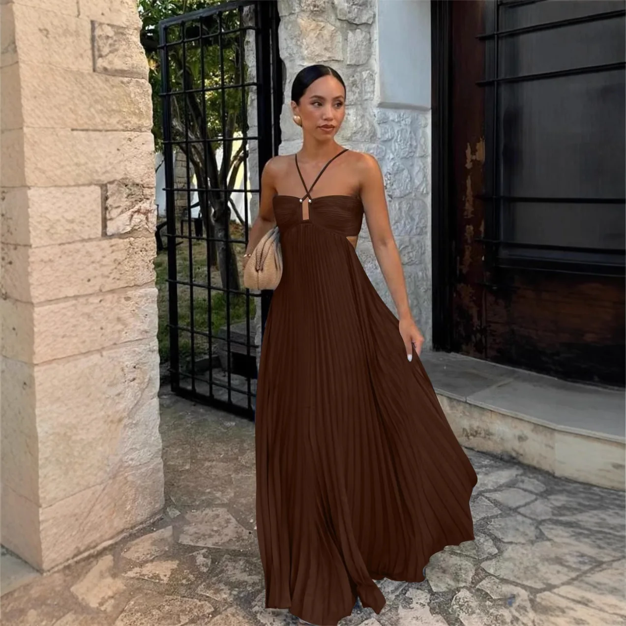 

Summer Halter Pleated Long Dress Women Backless Sleeveless Blue Beach Vacation Dresses Female 2025 Fashion Lady A-line Robes